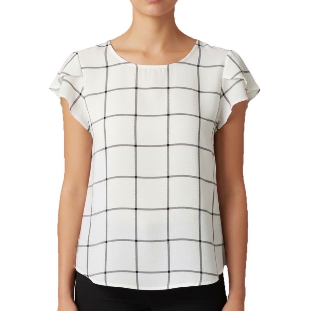 Marisol Windowpane Plaid Blouse Women Large White Black Flutter Sleeve Top